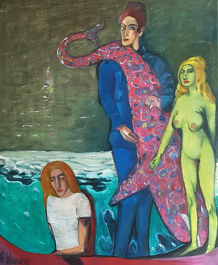 Mann mit Fisch, 2015, Öl auf Leinwand, 110 × 130 cm