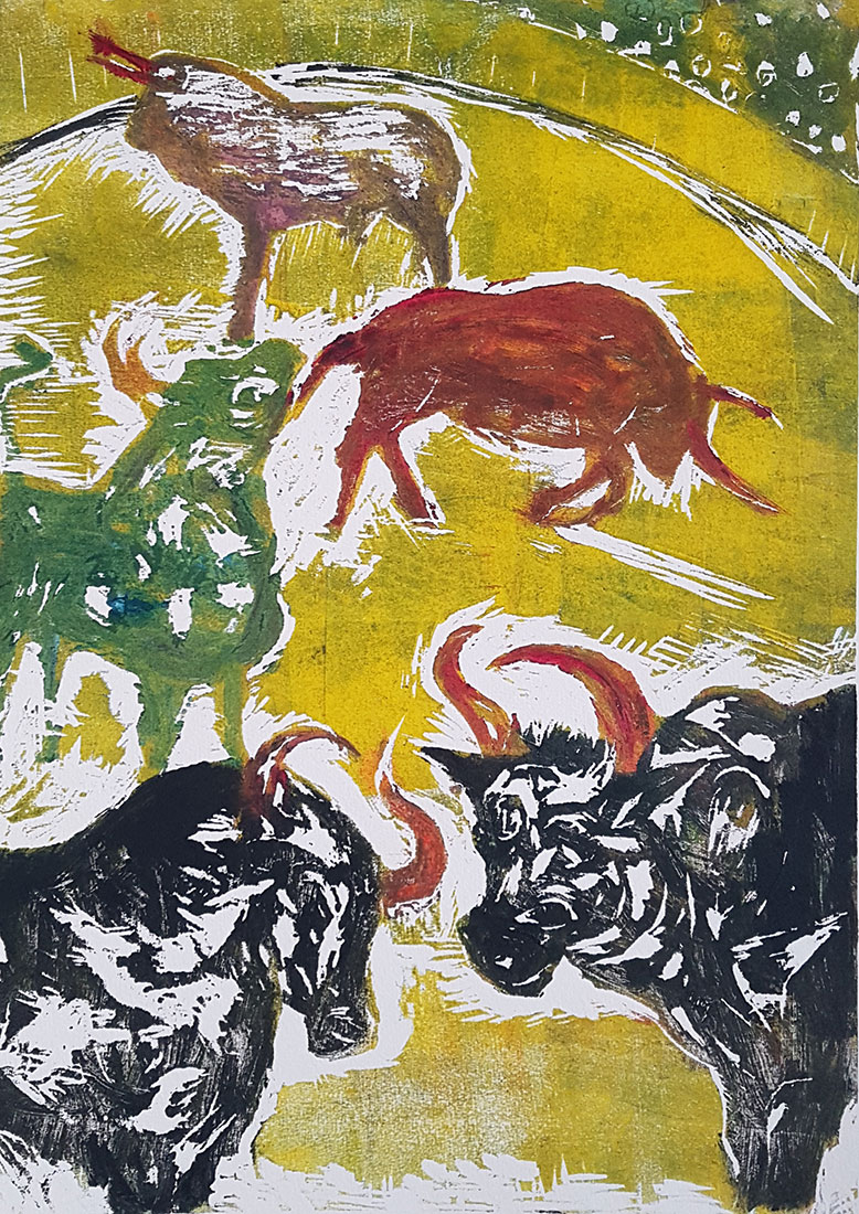 Stiere, 2018, Farbholzschnitt, 30 × 43 cm